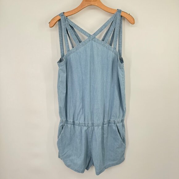 Fabletics Women's chambray Blue Denim Romper Pockets Crisscross Straps sz medium - Picture 9 of 10